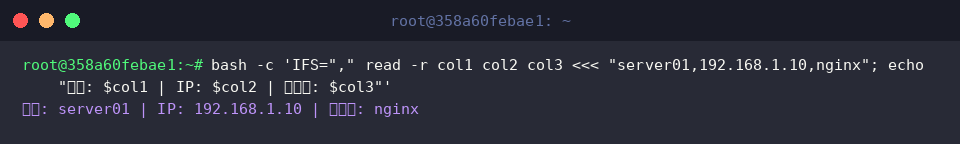 bash -c ‘IFS=”,” read -r col1 col2 col3 «< “server01,192.168.1.10,nginx”; echo “서버: $col1 | IP: $col2 | 서비스: $col3”’