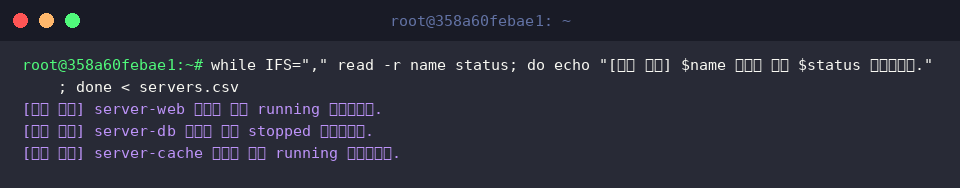 while IFS="," read -r name status; do echo “[상태 점검] $name 서버는 현재 $status 상태입니다.”; done < servers.csv
