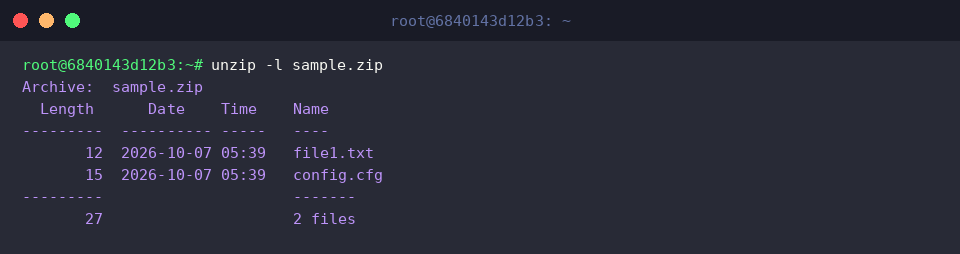 unzip -l sample.zip