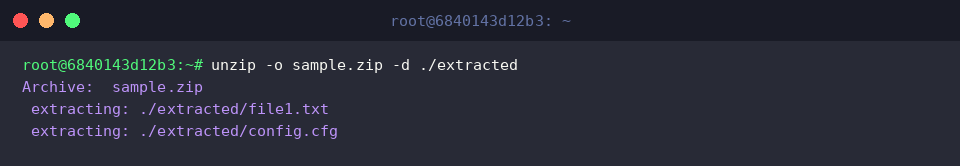 unzip -o sample.zip -d ./extracted