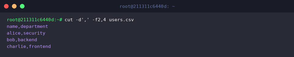 cut -d’,’ -f2,4 users.csv