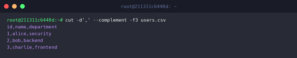 cut -d’,’ –complement -f3 users.csv
