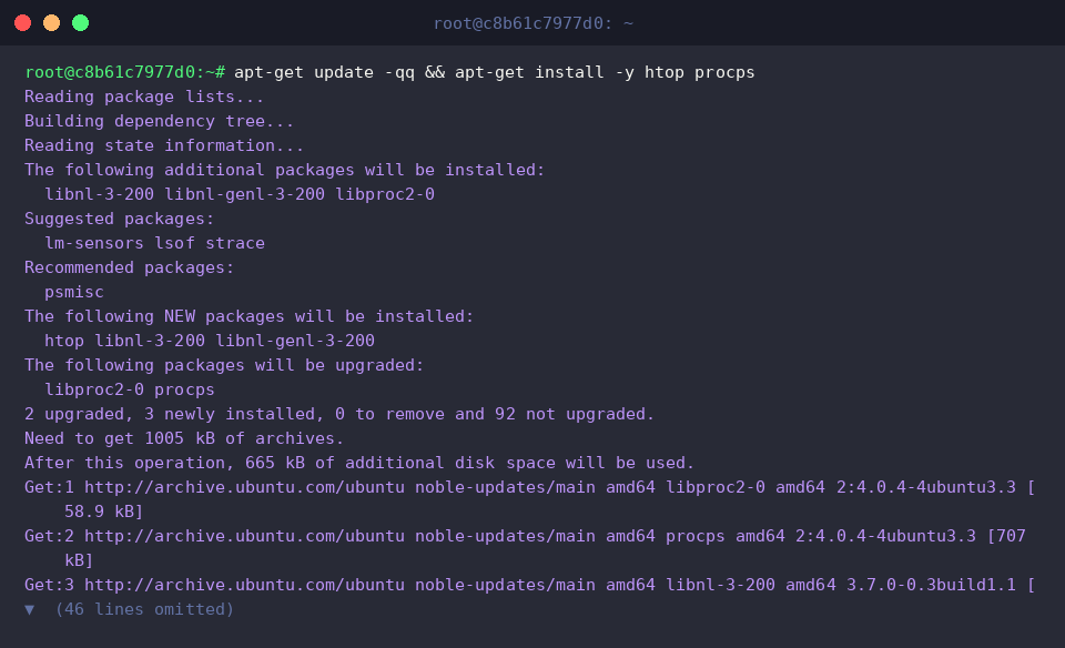 apt-get update -qq && apt-get install -y htop procps