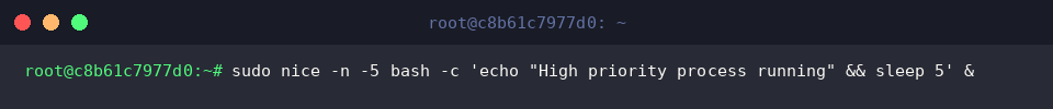 sudo nice -n -5 bash -c ’echo “High priority process running” && sleep 5’ &