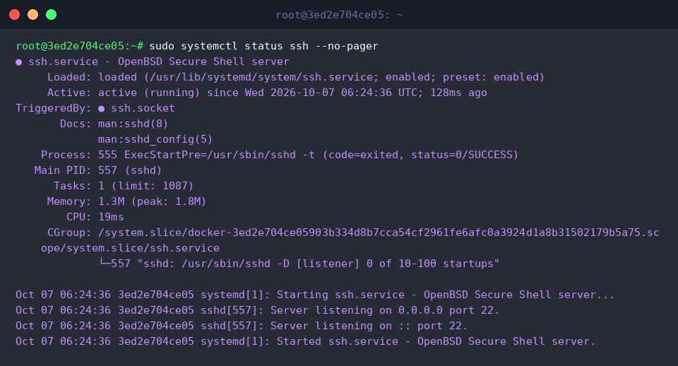 sudo systemctl status ssh –no-pager