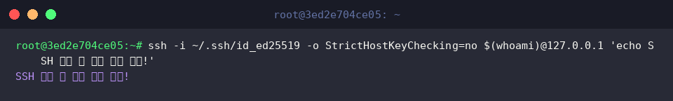 ssh -i ~/.ssh/id_ed25519 -o StrictHostKeyChecking=no $(whoami)@127.0.0.1 ’echo SSH 로컬 키 인증 접속 성공!’