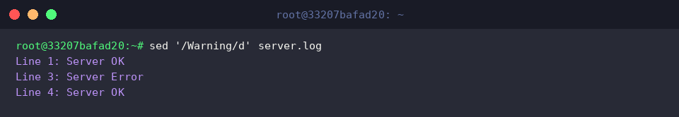 sed ‘/Warning/d’ server.log