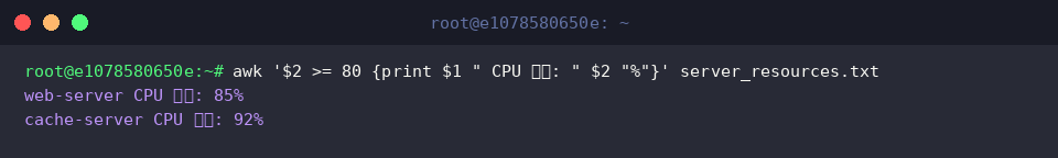 awk ‘$2 >= 80 {print $1 " CPU 경고: " $2 “%”}’ server_resources.txt