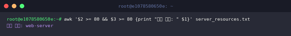 awk ‘$2 >= 80 && $3 >= 80 {print “위험 서버: " $1}’ server_resources.txt