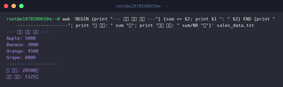 awk ‘BEGIN {print “— 매출 집계 시작 —”} {sum += $2; print $1 “: " $2} END {print “——————-”; print “총 매출: " sum “원”; print “평균 매출: " sum/NR “원”}’ sales_data.txt