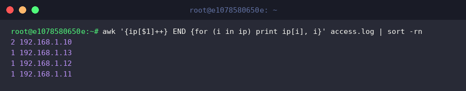 awk &lsquo;{ip[$1]++} END {for (i in ip) print ip[i], i}&rsquo; access.log | sort -rn