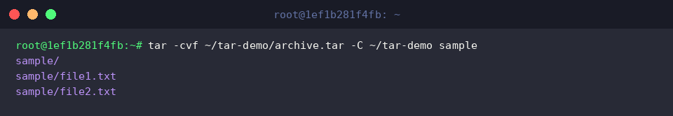 tar -cvf ~/tar-demo/archive.tar -C ~/tar-demo sample