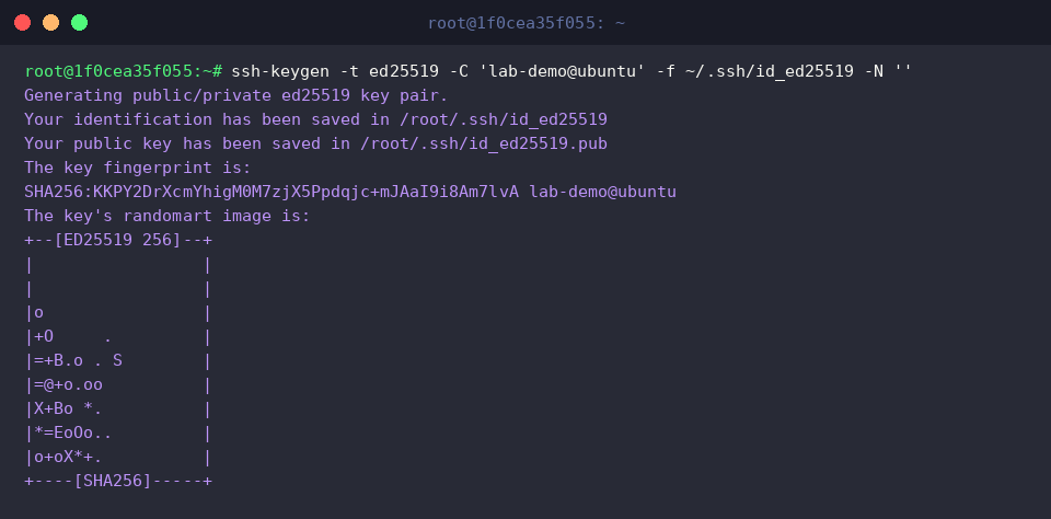 ssh-keygen -t ed25519 -C ’lab-demo@ubuntu’ -f ~/.ssh/id_ed25519 -N ‘’