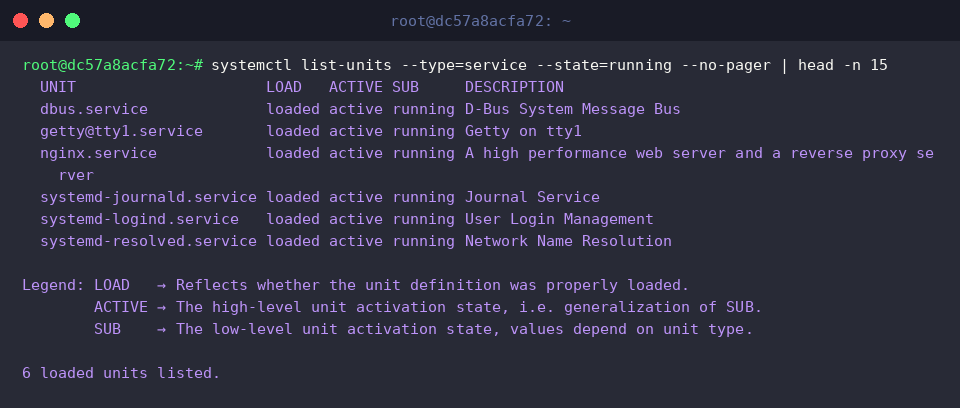 Filtering active running systemd services capped at 15 rows