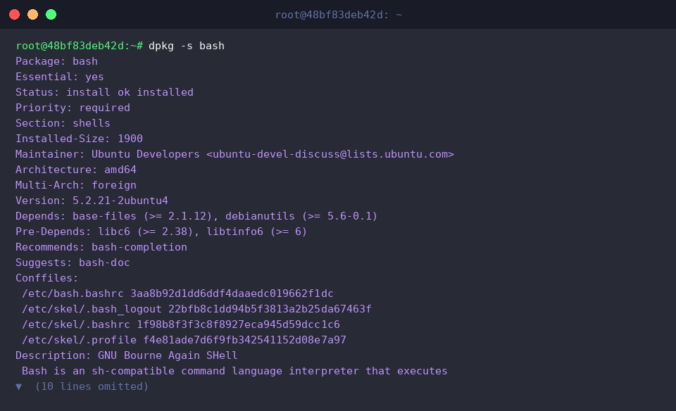 Inspect metadata and status of installed bash package
