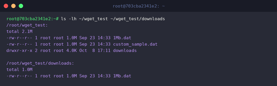 ls -lh ~/wget_test ~/wget_test/downloads