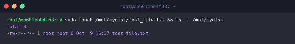 sudo touch /mnt/mydisk/test_file.txt && ls -l /mnt/mydisk