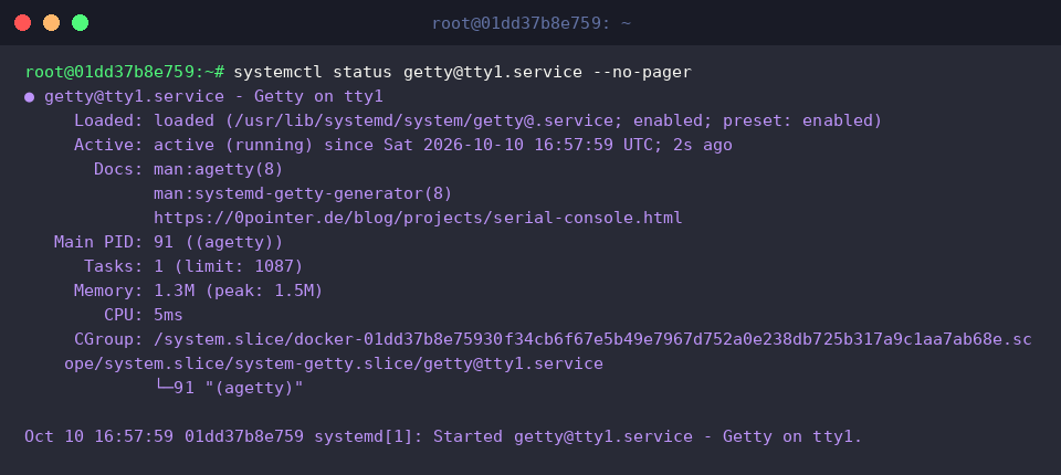 Evaluating the systemd unit status for getty on tty1