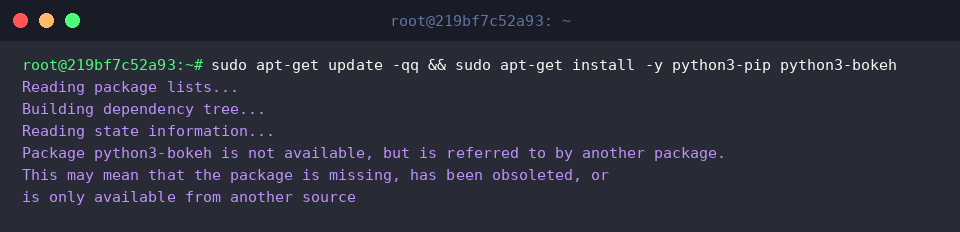 sudo apt-get update -qq && sudo apt-get install -y python3-pip python3-bokeh
