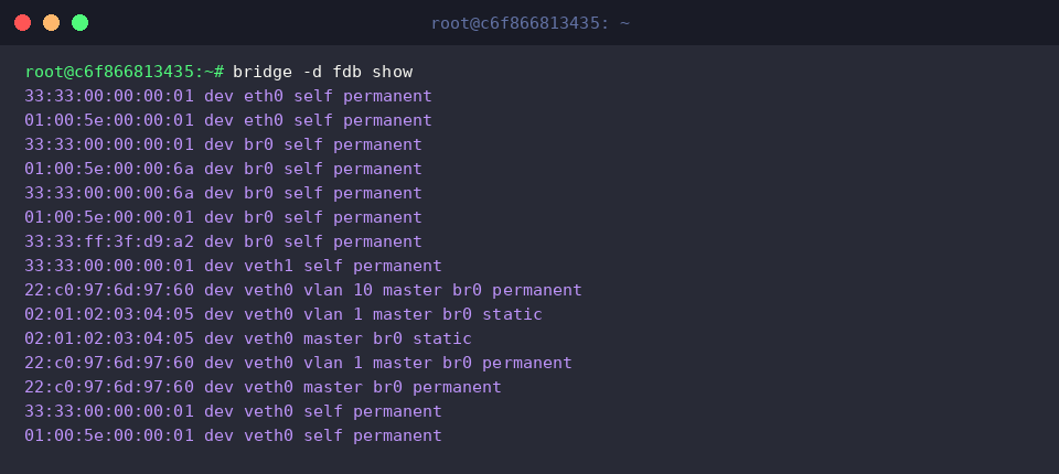 Detailansicht der FDB mit VLAN-Mappings über -d fdb show
