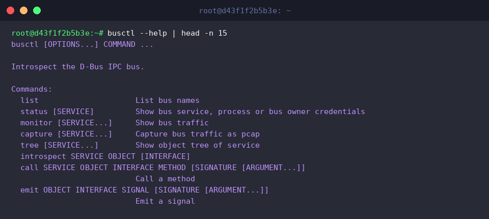 Viewing busctl syntax and available subcommands