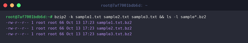 bzip2 -k sample1.txt sample2.txt sample3.txt && ls -l sample*.bz2