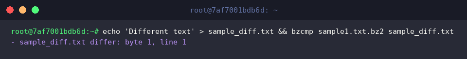 echo &lsquo;Different text&rsquo; > sample_diff.txt && bzcmp sample1.txt.bz2 sample_diff.txt