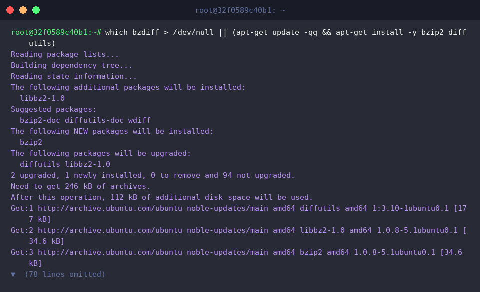 which bzdiff > /dev/null || (apt-get update -qq && apt-get install -y bzip2 diffutils)
