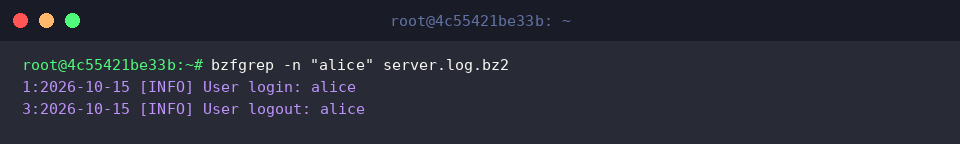 bzfgrep -n “alice” server.log.bz2