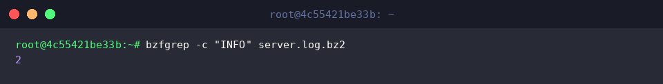 bzfgrep -c “INFO” server.log.bz2