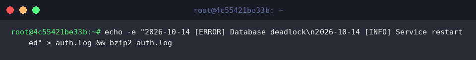 echo -e &ldquo;2026-10-14 [ERROR] Database deadlock\n2026-10-14 [INFO] Service restarted&rdquo; > auth.log && bzip2 auth.log