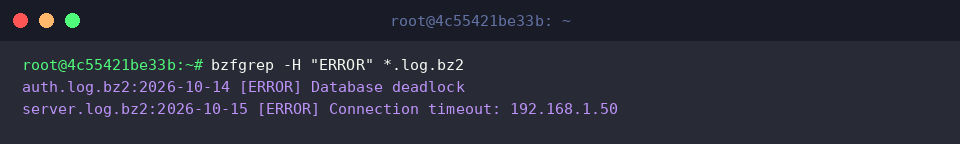 bzfgrep -H “ERROR” *.log.bz2