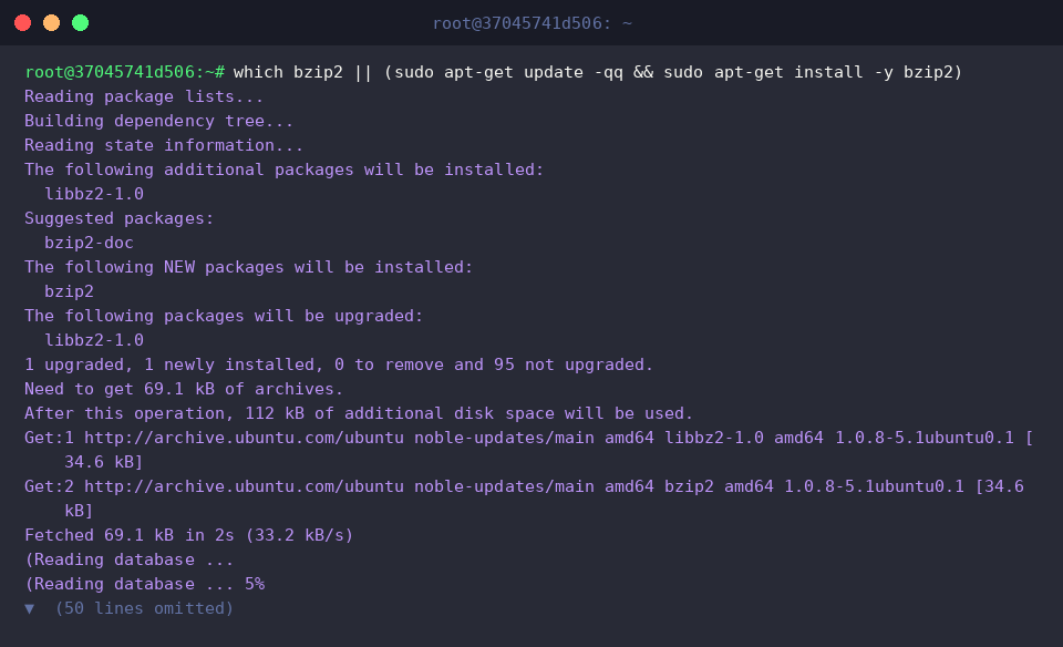 which bzip2 || (sudo apt-get update -qq && sudo apt-get install -y bzip2)