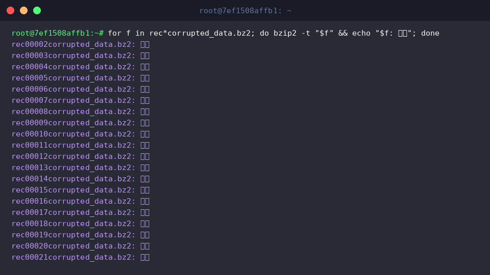 for f in rec*corrupted_data.bz2; do bzip2 -t “$f” && echo “$f: 정상”; done
