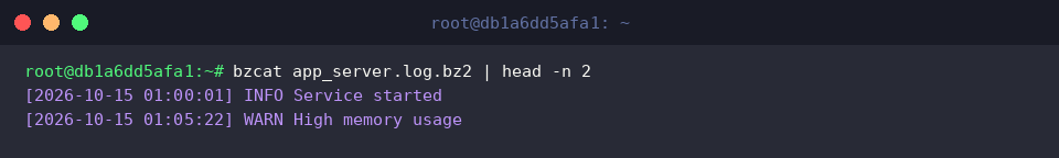 bzcat app_server.log.bz2 | head -n 2