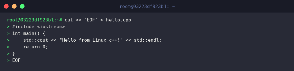 Erstellung der Datei hello.cpp per Here-Doc