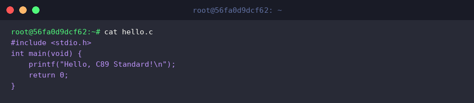 Quellcode der hello.c im Terminal ausgeben