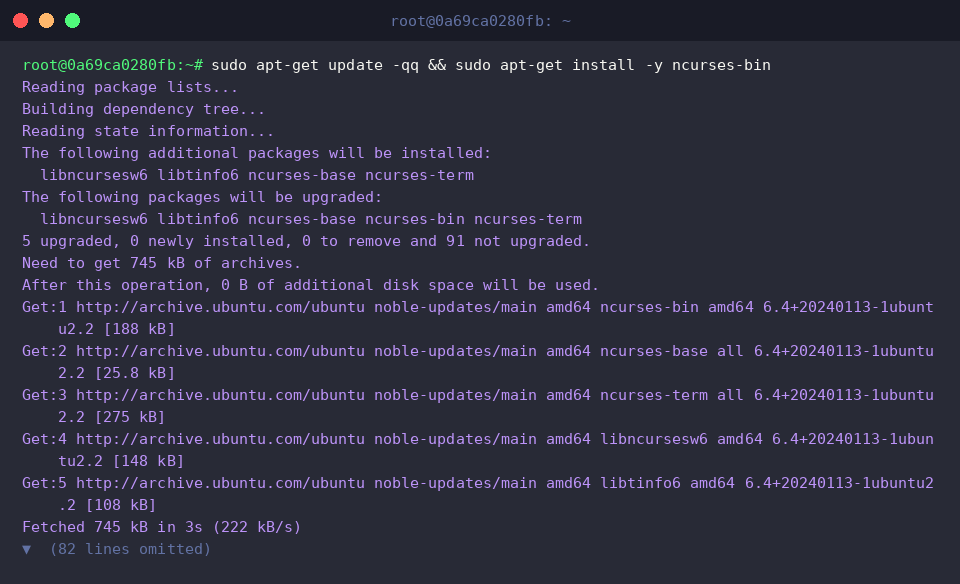sudo apt-get update -qq && sudo apt-get install -y ncurses-bin