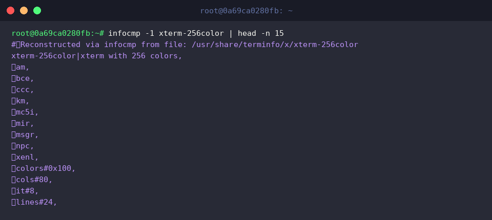 infocmp -1 xterm-256color | head -n 15