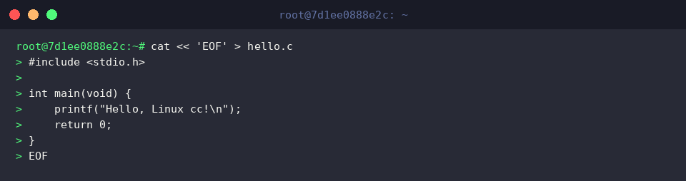 Quellcode hello.c per Here-Doc schreiben