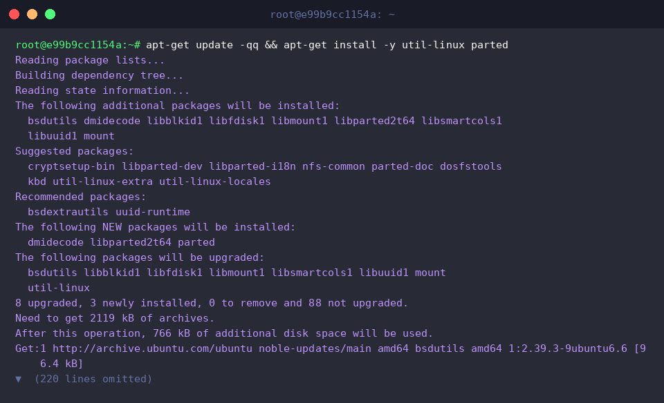 apt-get update -qq && apt-get install -y util-linux parted