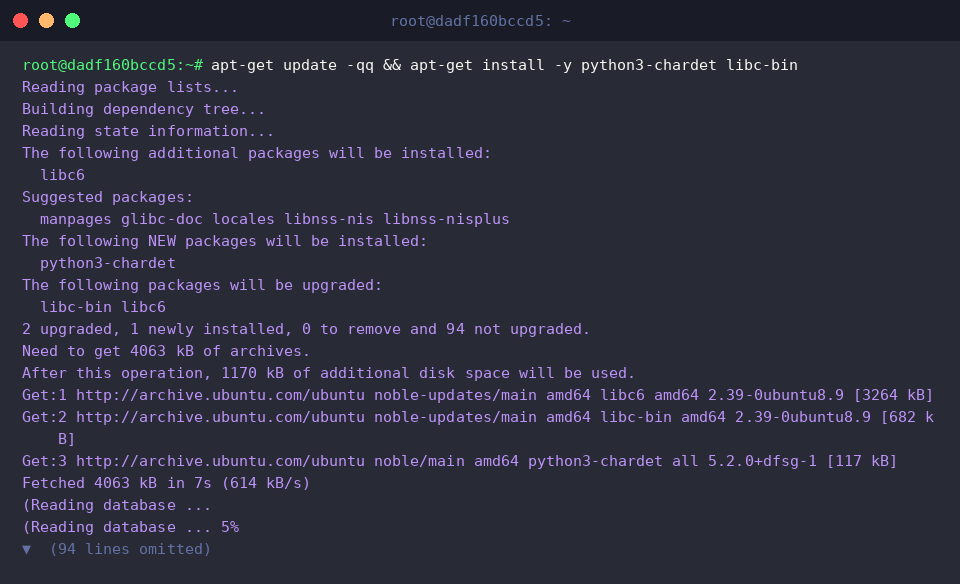 apt-get update -qq && apt-get install -y python3-chardet libc-bin