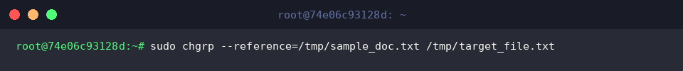 sudo chgrp –reference=/tmp/sample_doc.txt /tmp/target_file.txt