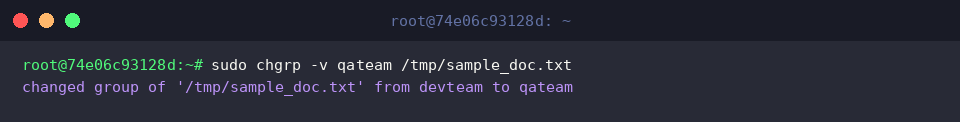 sudo chgrp -v qateam /tmp/sample_doc.txt