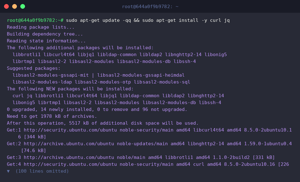 sudo apt-get update -qq && sudo apt-get install -y curl jq