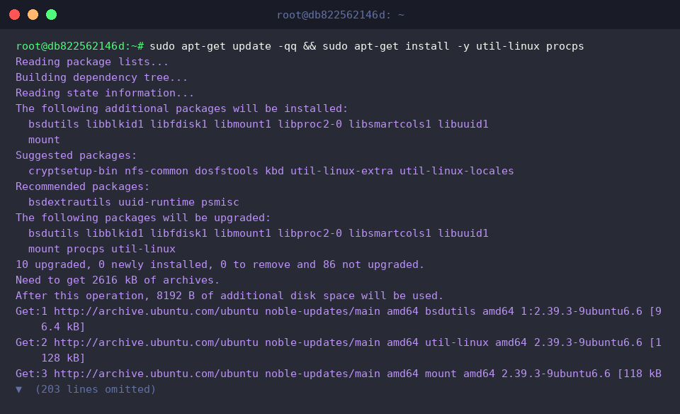 Paketquellen aktualisieren und util-linux sowie procps installieren