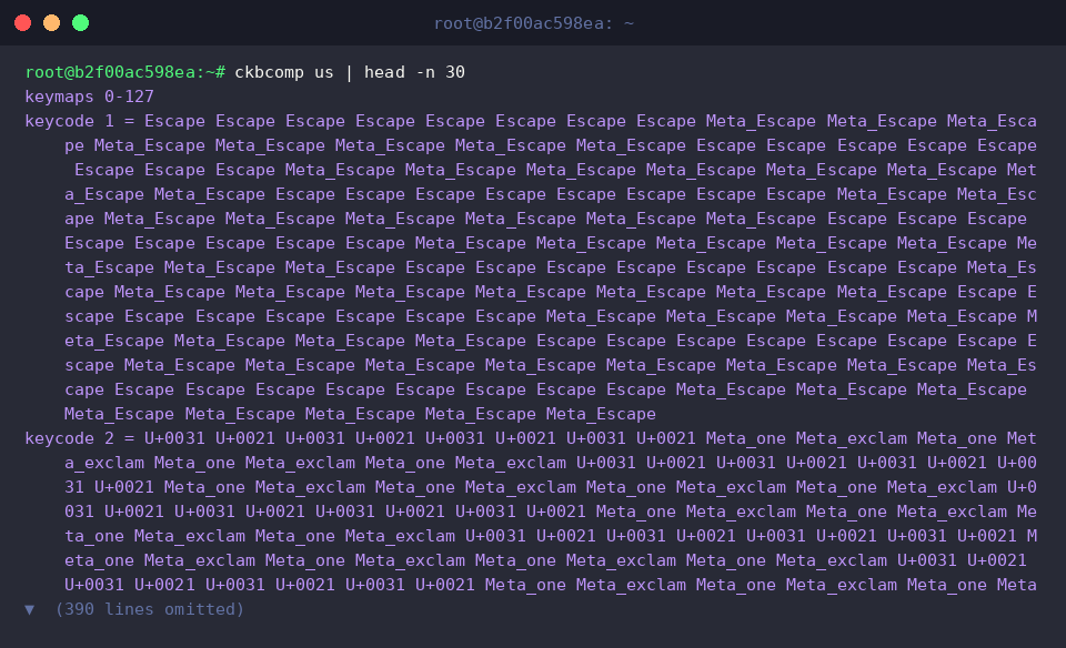 Inspect compiled US keymap output with head