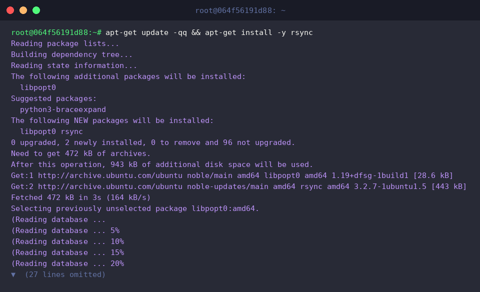 apt-get update -qq && apt-get install -y rsync
