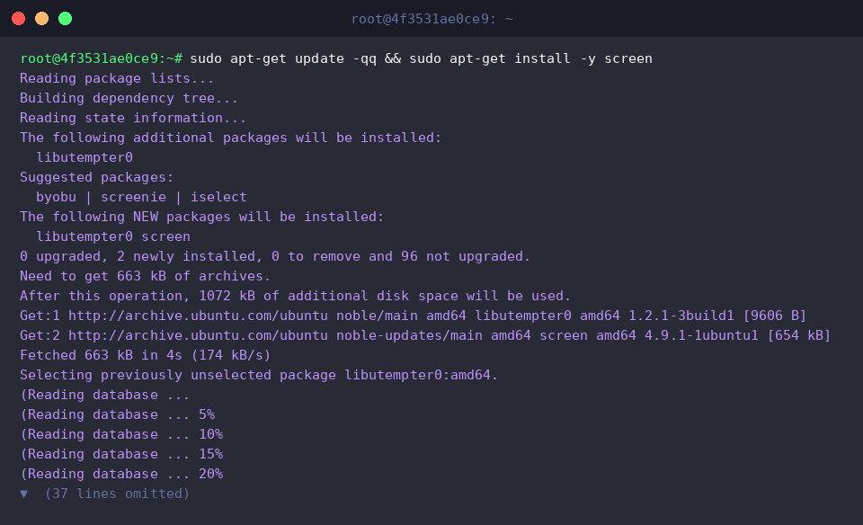 sudo apt-get update -qq && sudo apt-get install -y screen
