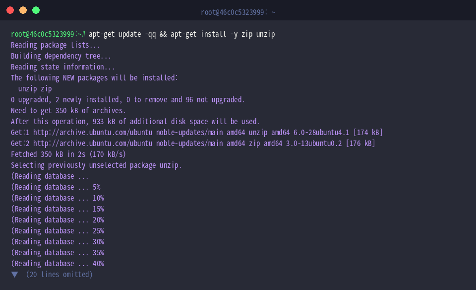 apt-get update -qq && apt-get install -y zip unzip